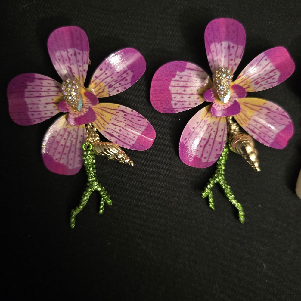 Betsey Johnson Pink and Green Orchid Earrings